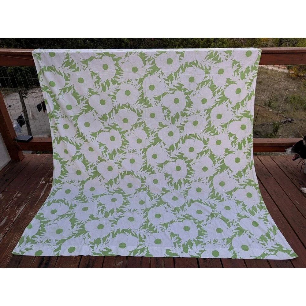 Vintage 70s MCM Queen Flat Sheet Retro Green Floral Dan River Tranquale Flowers
